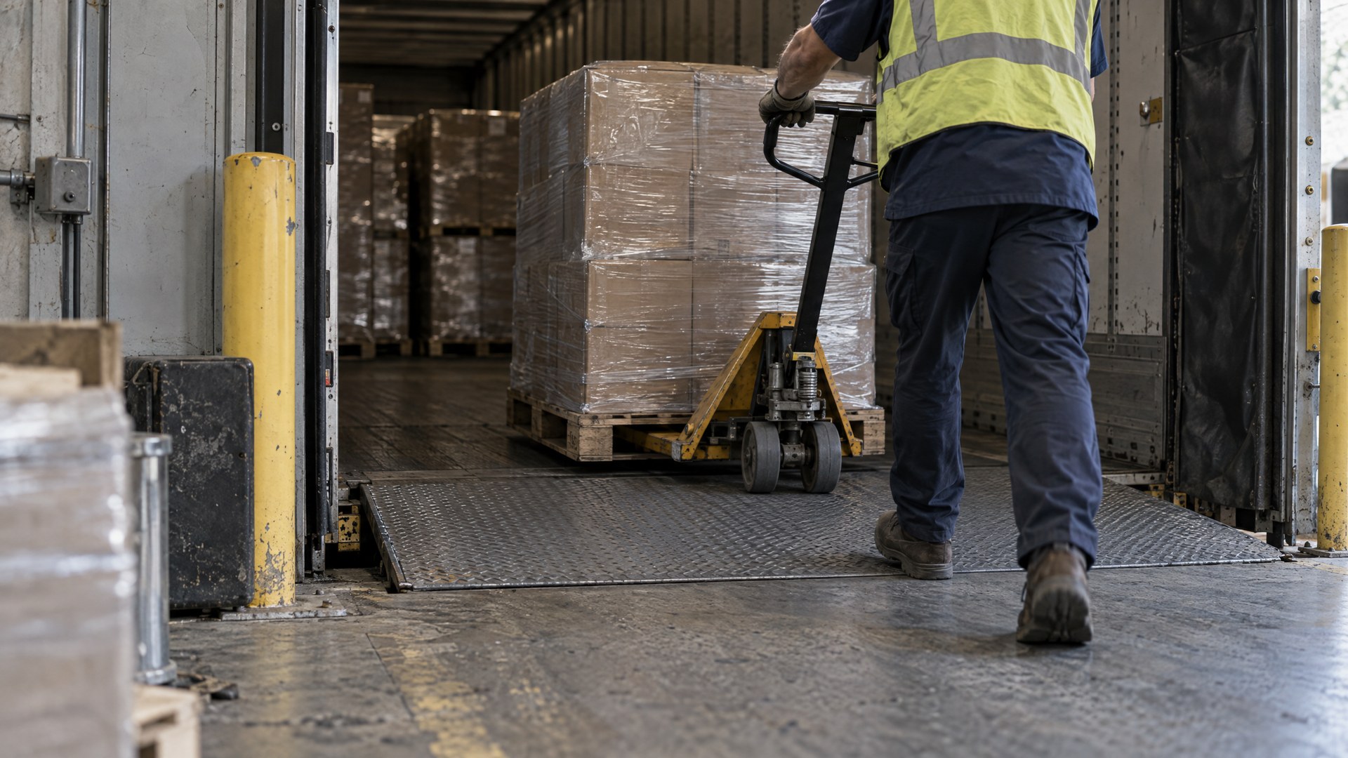 Illustrative worker moving a wrapped pallet on a pallet jack into an open trailer at a loading dock.