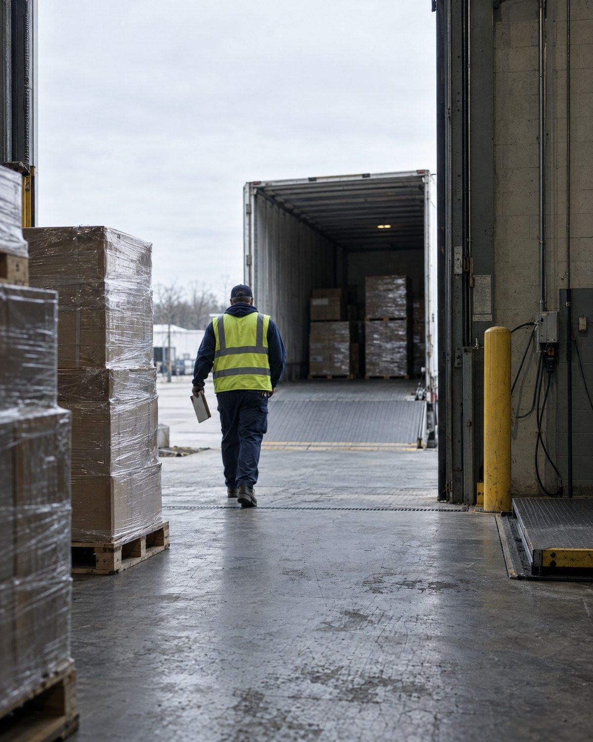 Illustrative worker walking toward an open trailer at a dock, with pallets in the foreground and space above for a headline.